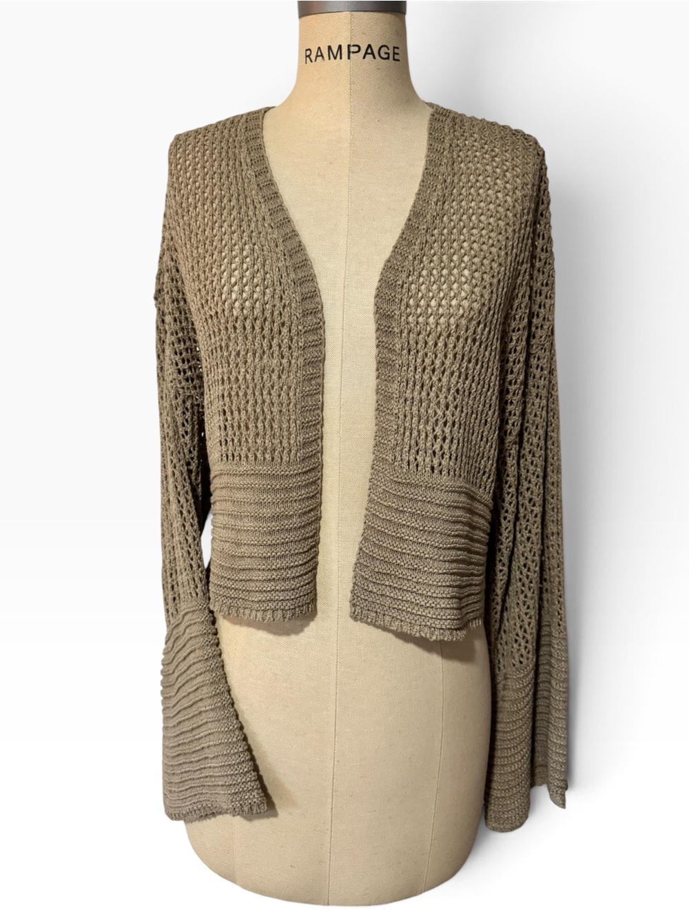 Anthropologie Juliet Open Knit Bell Sleeve Cardigan Taupe Boho One Size